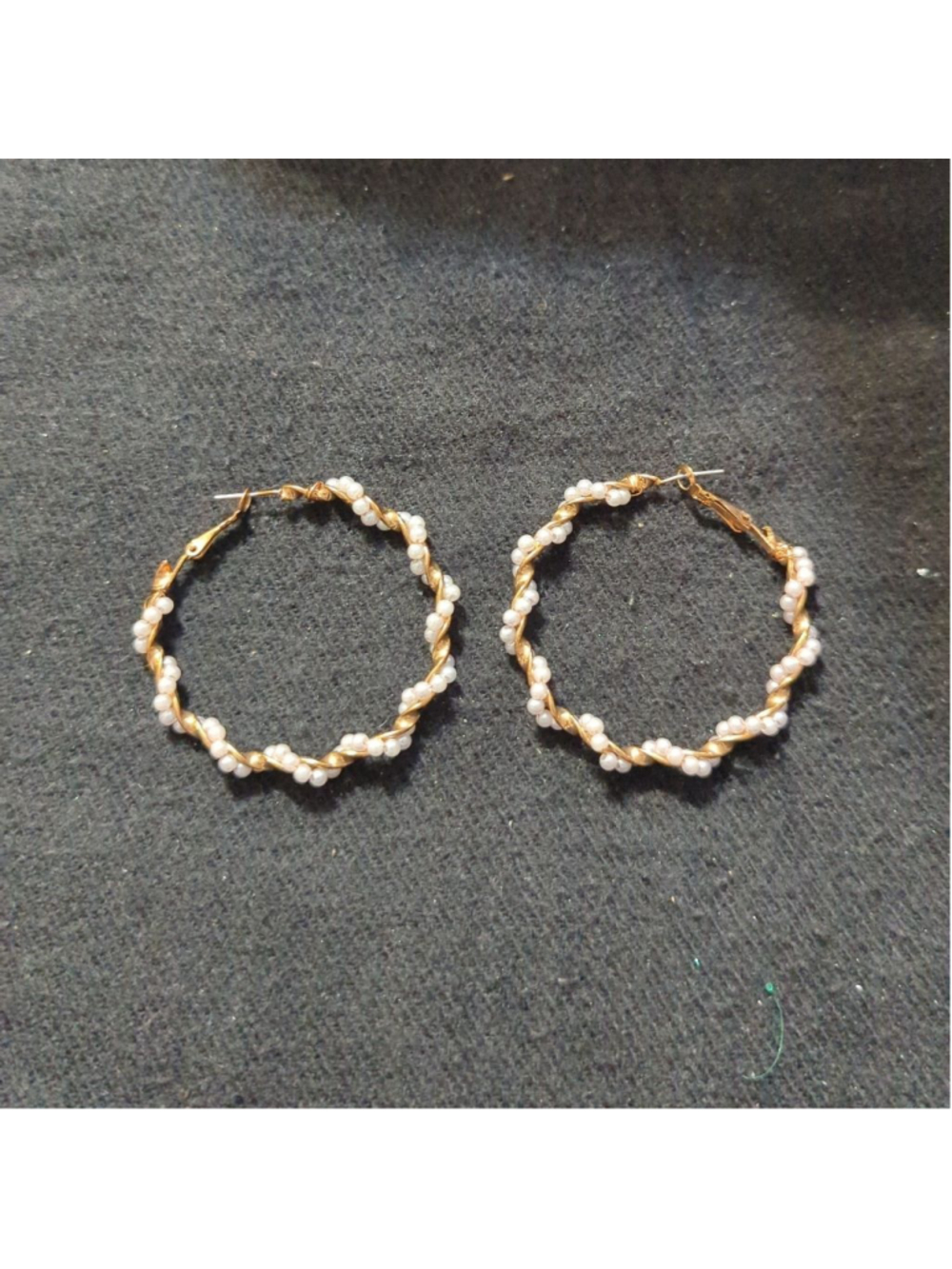 Gold Tone White Faux Pearl Hoop Statement Earrings